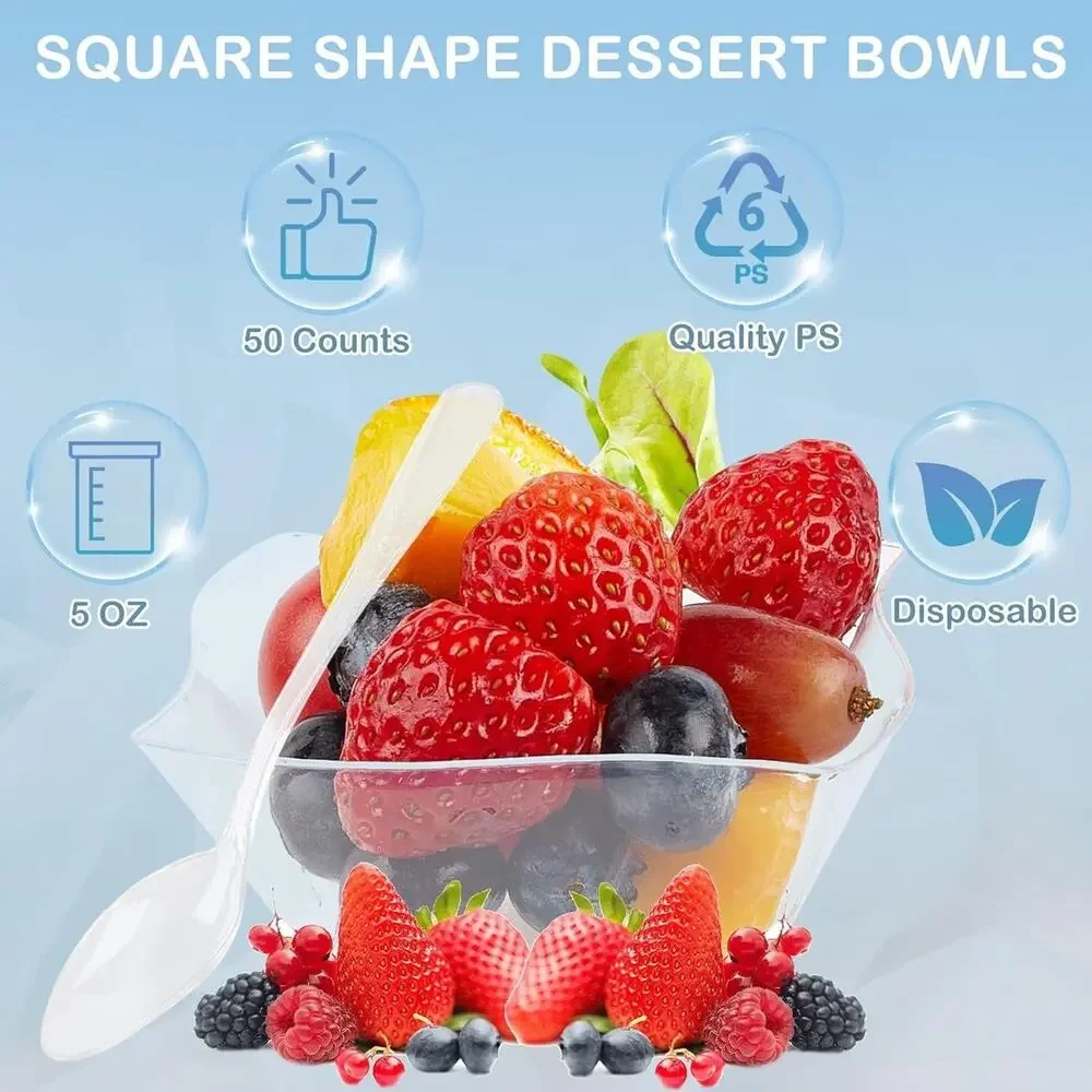 50ct 5 oz Clear Plastic Dessert Cups with Spoons Mini Appetizer Catering Bowls